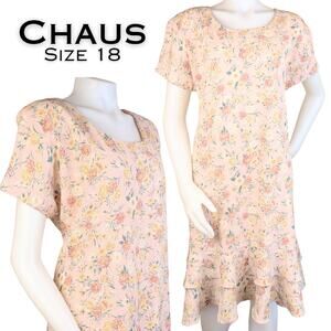 Chaus Peach Pink Yellow Floral Ruffled Short Sleeve Shift Dress Cottagecore 18